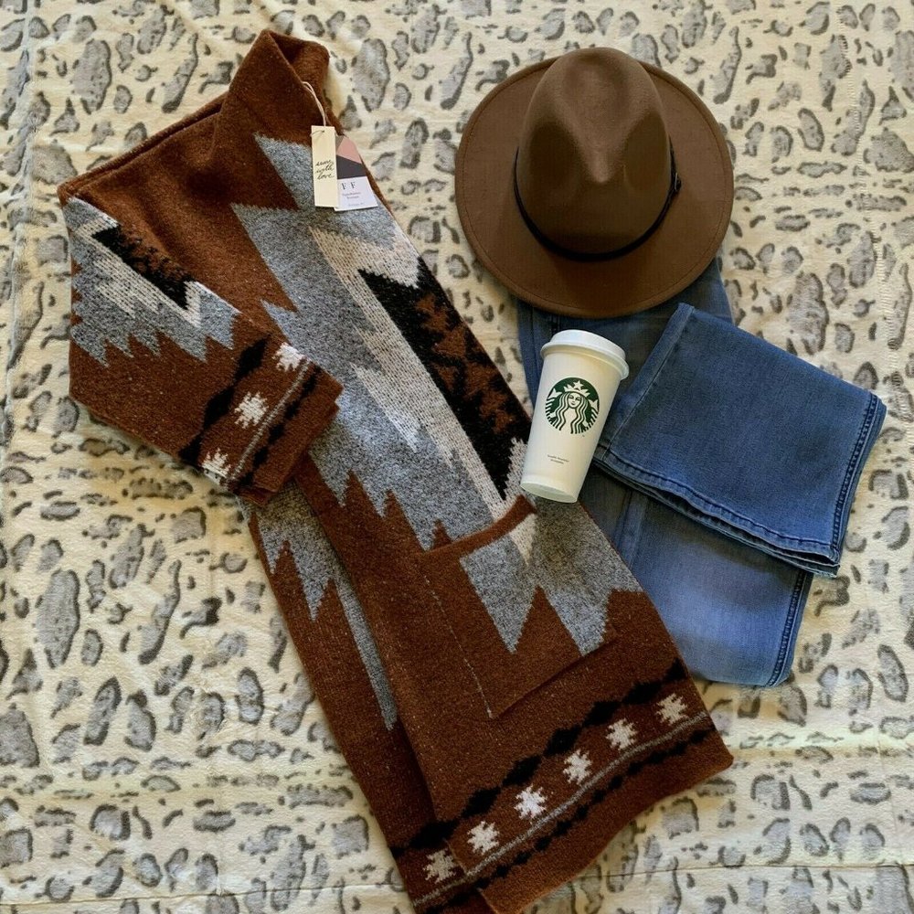 New Tribal Boho Brown Western Cardigan Sweater - Picture 5 of 6